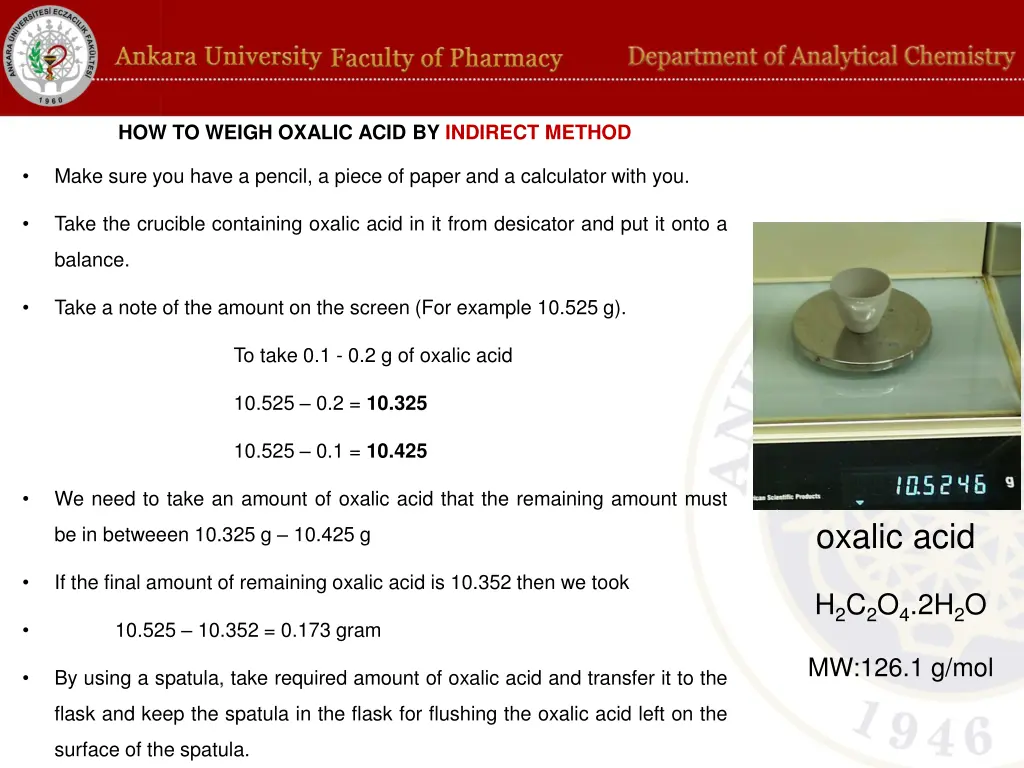 how to weigh oxalic acid by indirect method