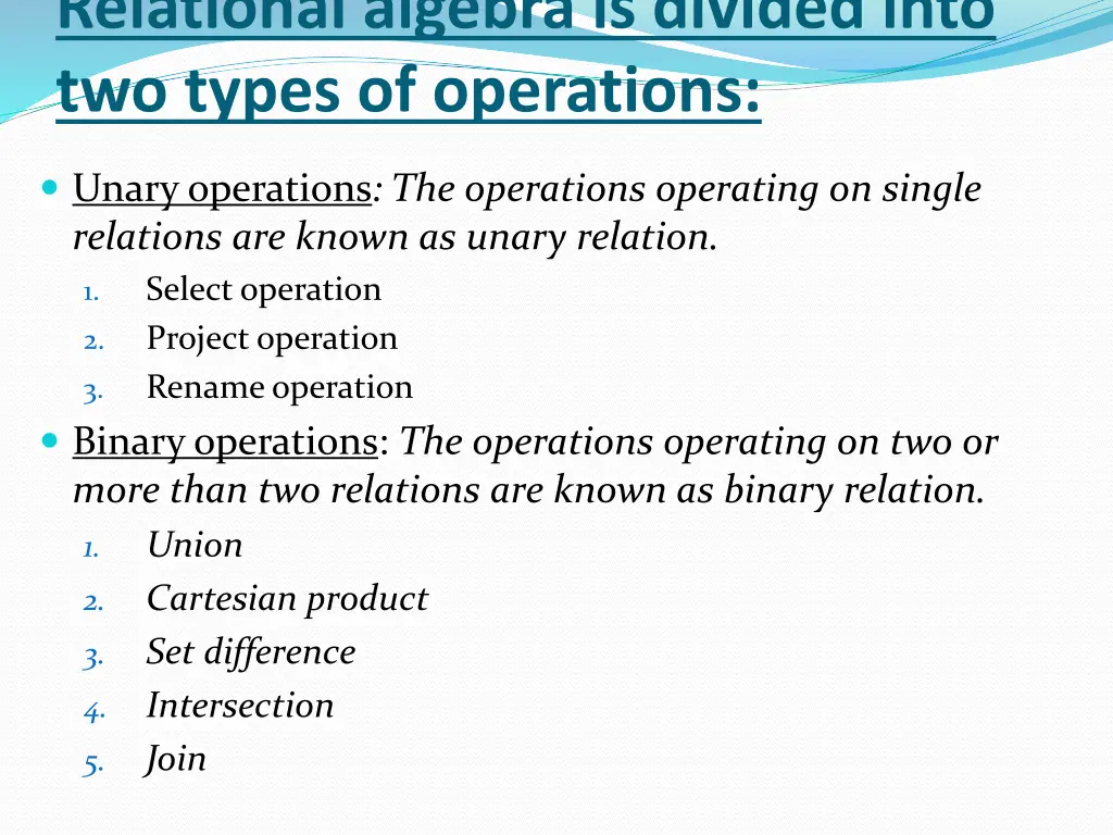 relational algebra is divided into two types