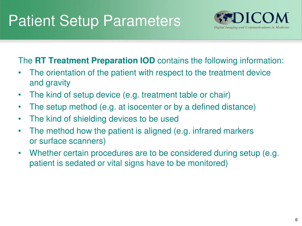 patient setup parameters