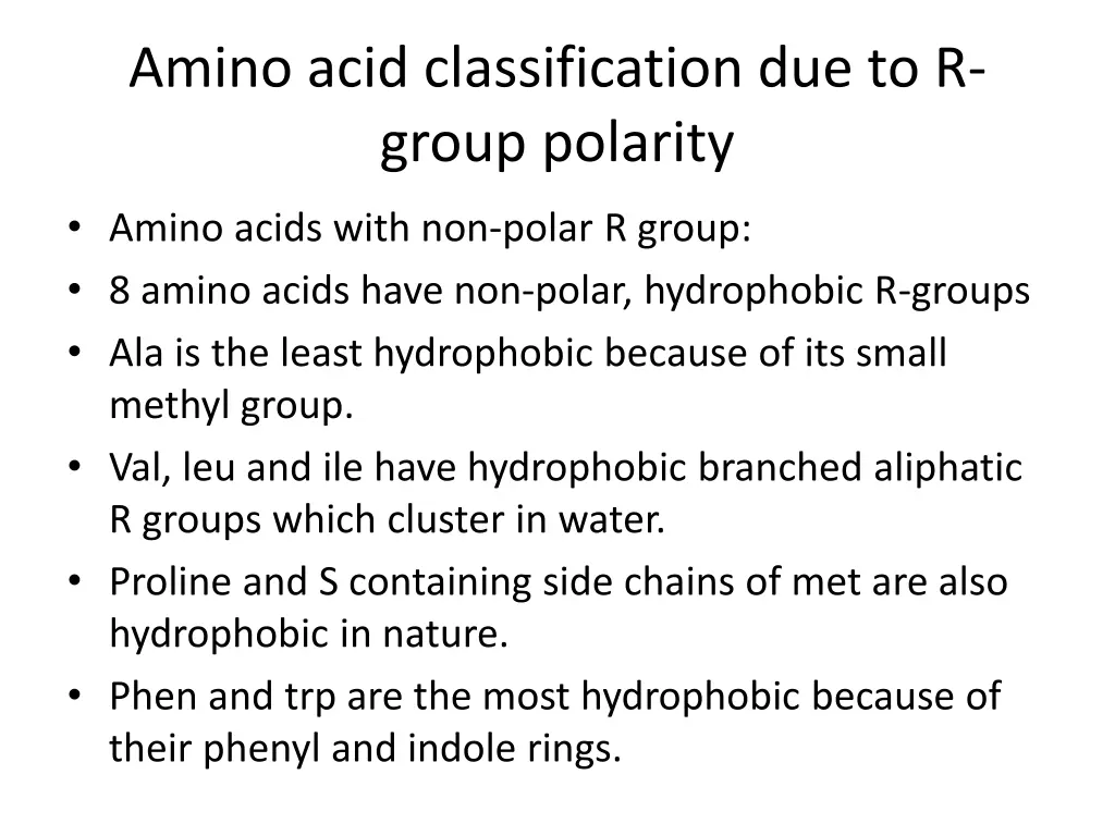 amino acid classification due to r group polarity