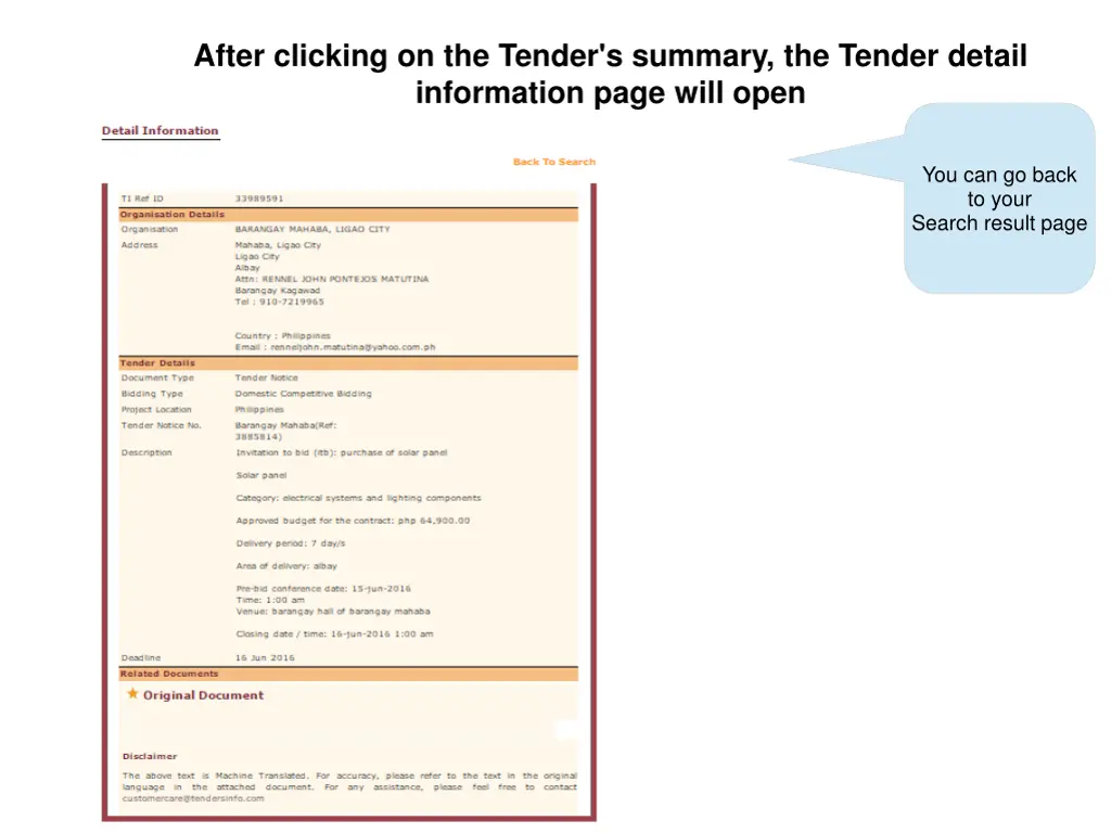 after clicking on the tender s summary the tender