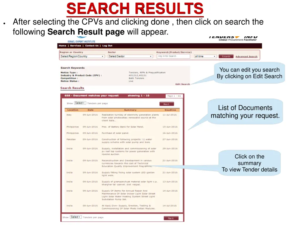 search results after selecting the cpvs
