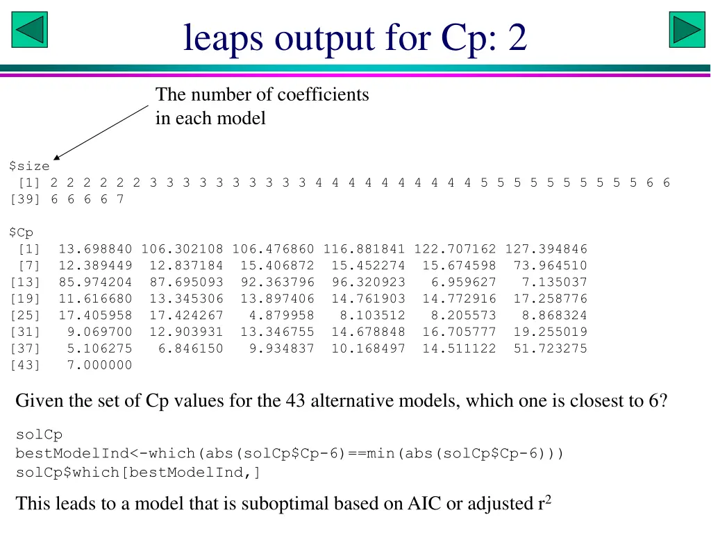 leaps output for cp 2