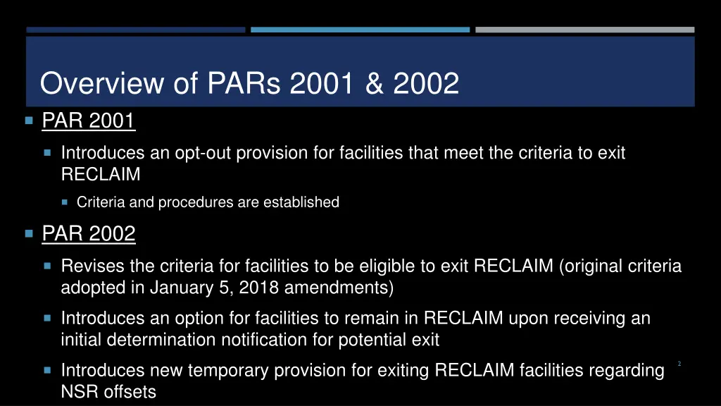 overview of pars 2001 2002 par 2001