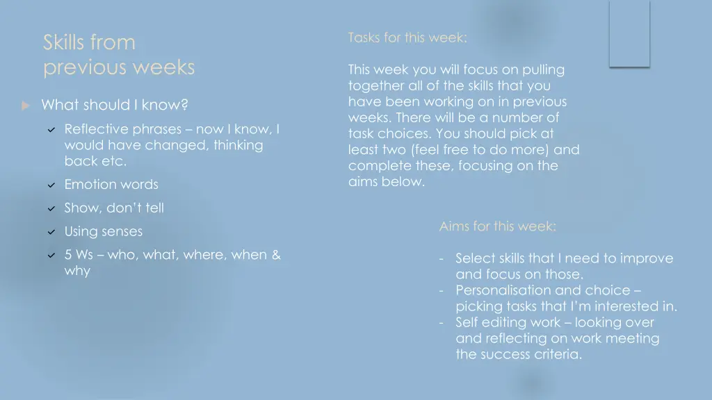 skills from previous weeks