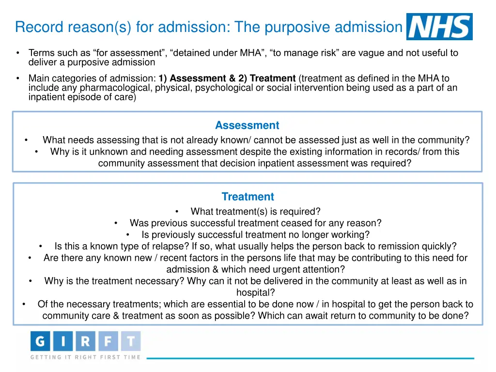 record reason s for admission the purposive
