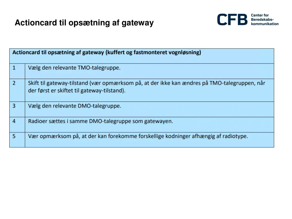 actioncard til ops tning af gateway