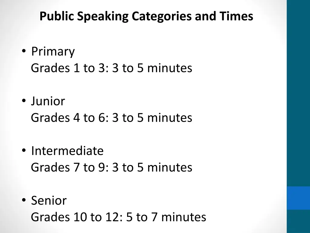 public speaking categories and times