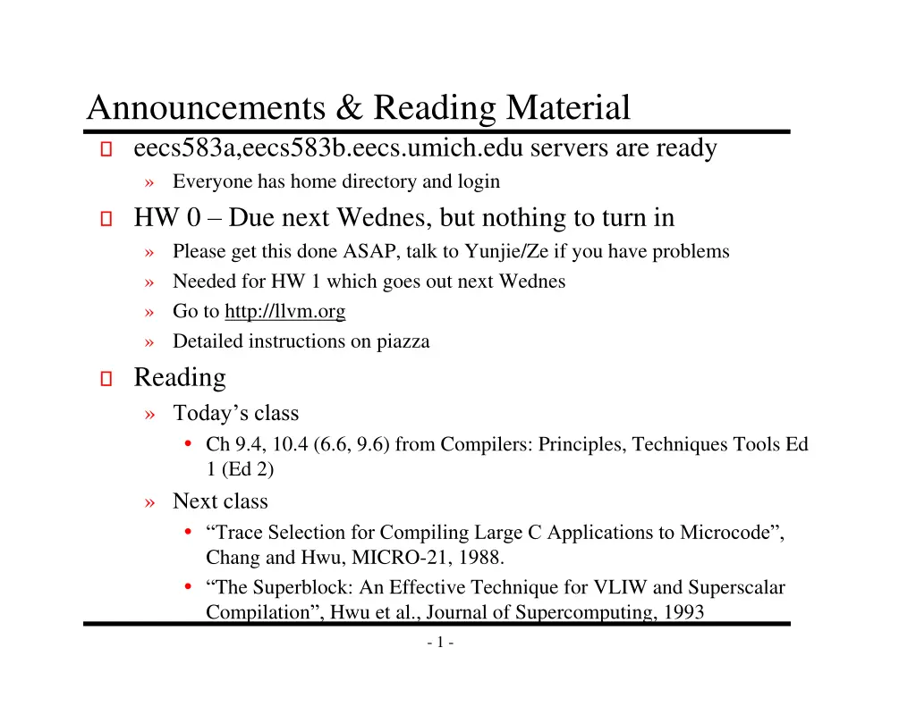 announcements reading material eecs583a eecs583b