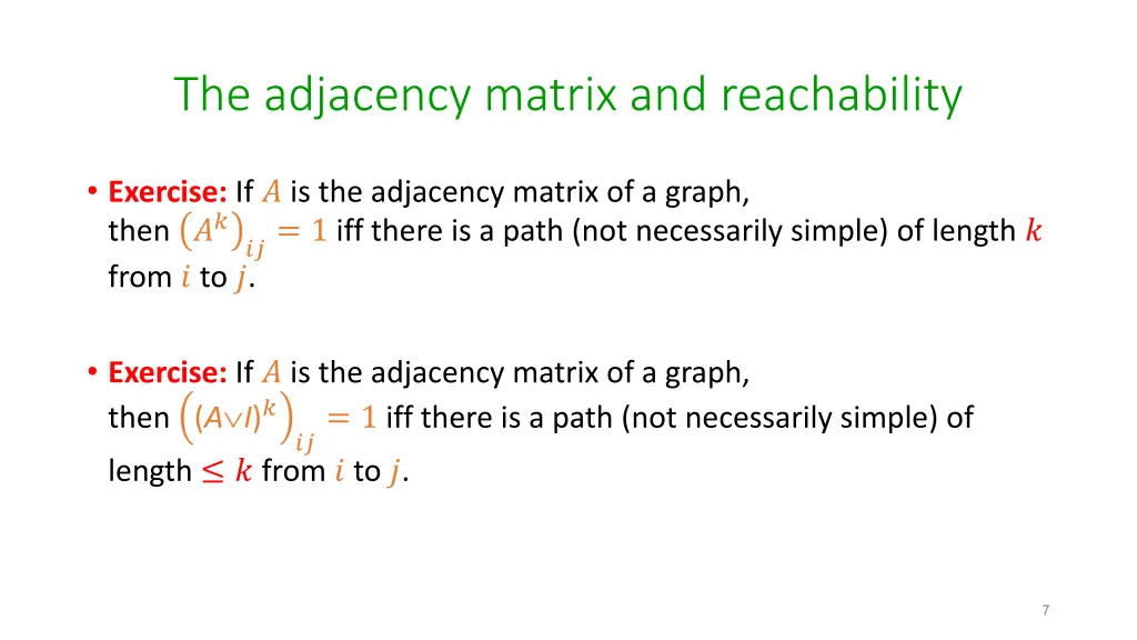 the adjacency matrix and reachability 1
