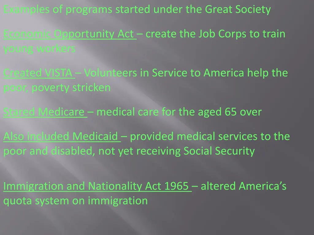 examples of programs started under the great