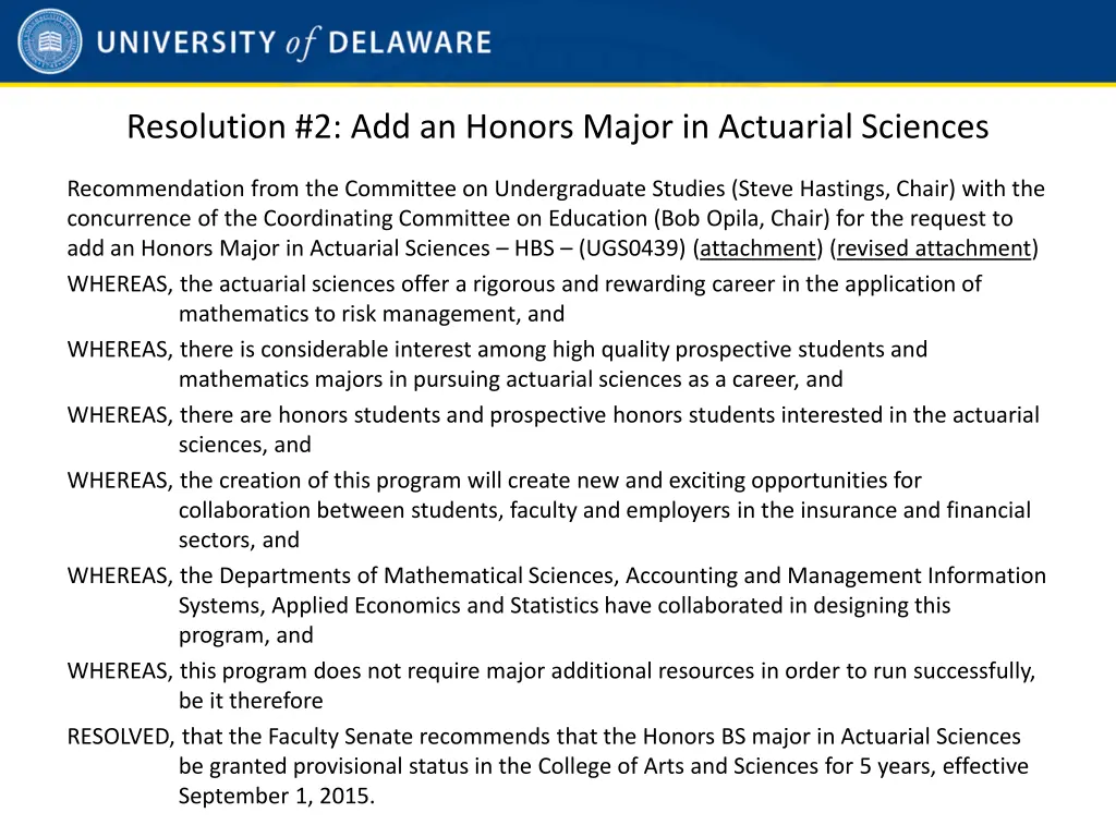 resolution 2 add an honors major in actuarial