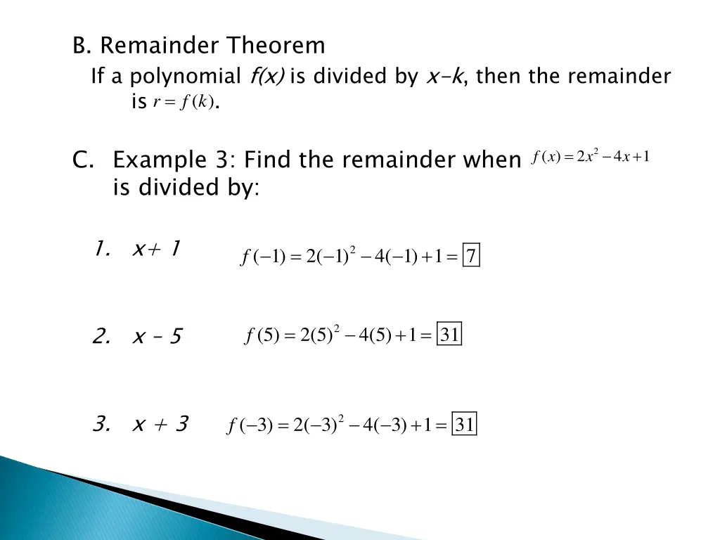 b remainder theorem if a polynomial