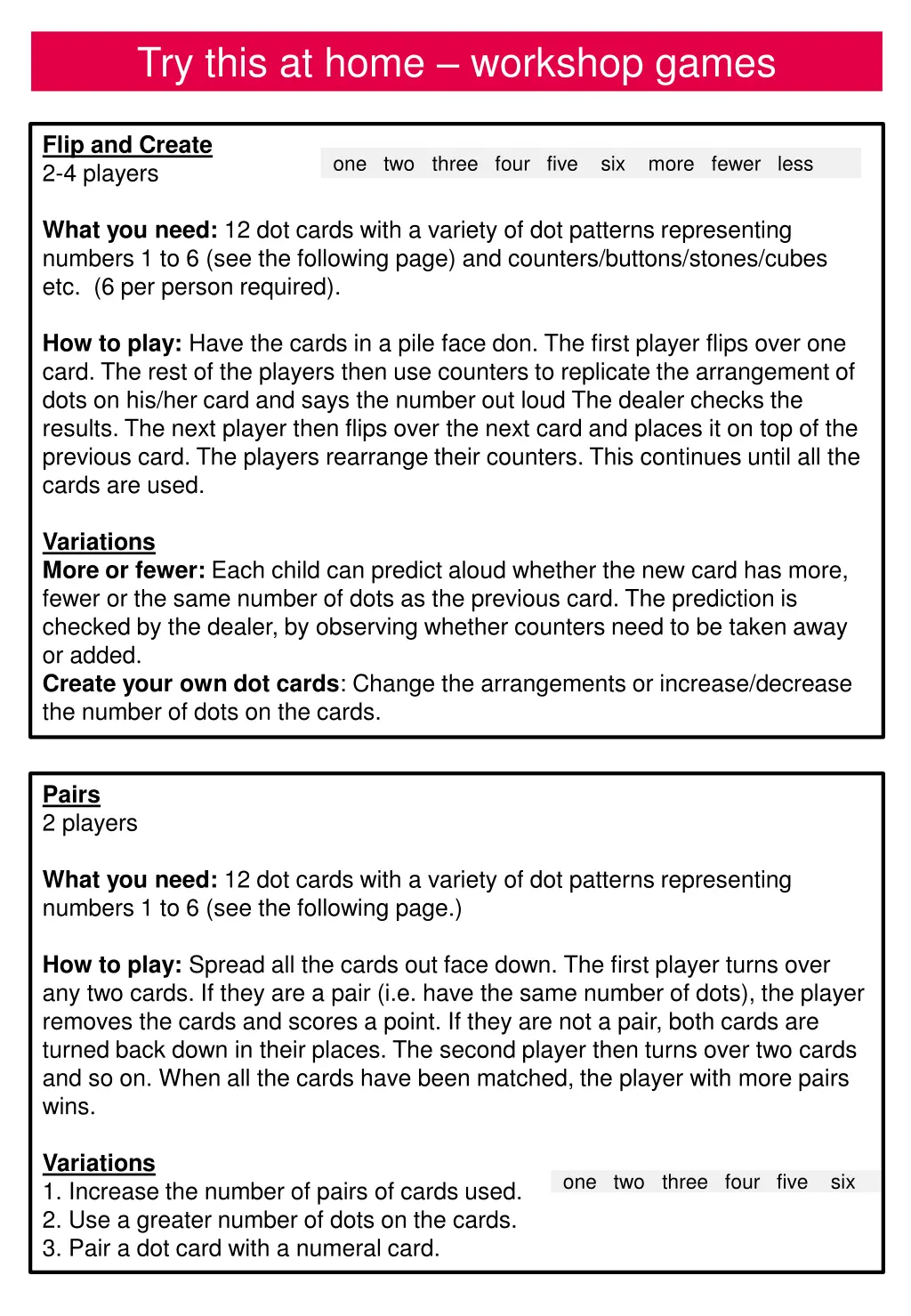 try this at home workshop games