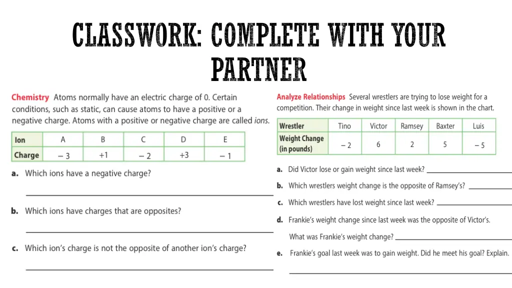 classwork complete with your partner