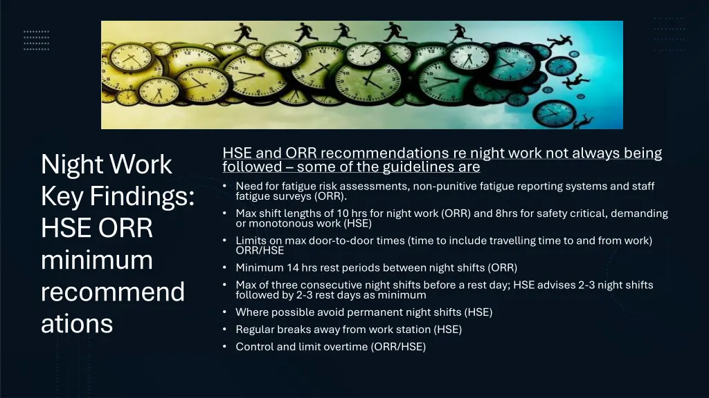 hse and orr recommendations re night work
