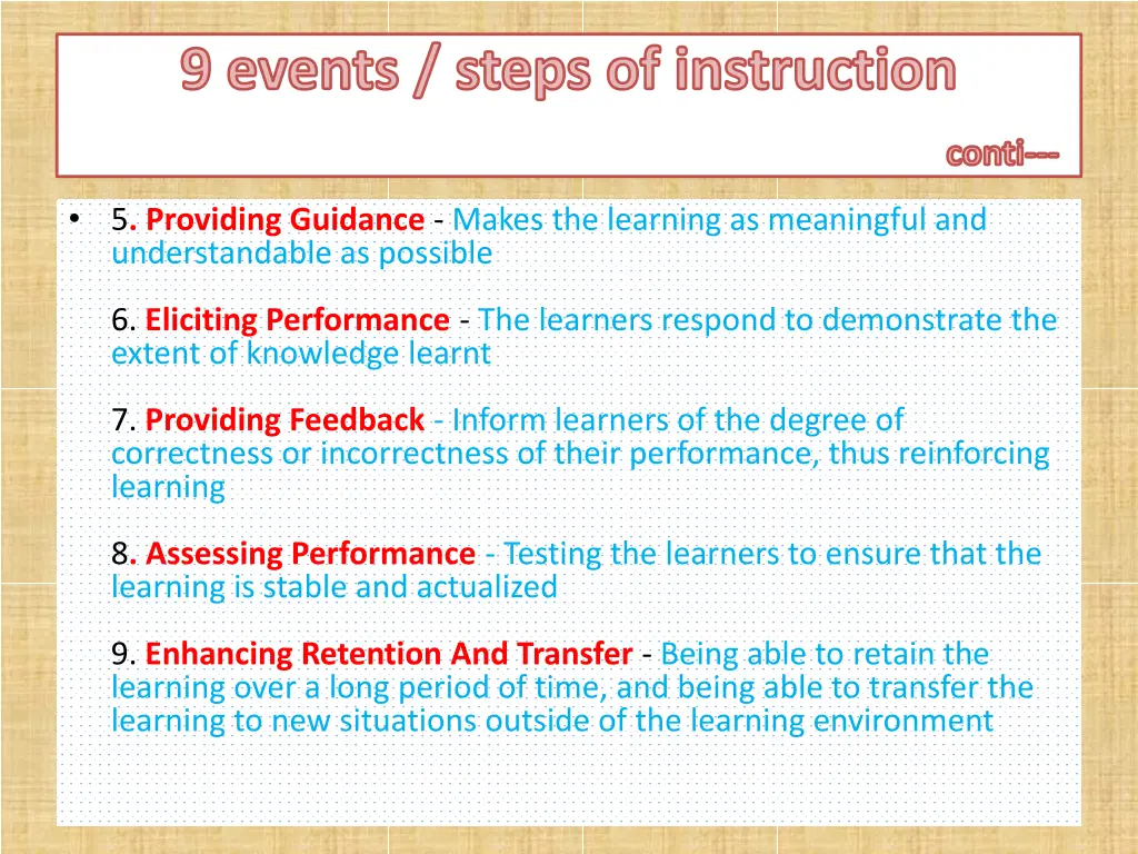 9 events steps of instruction