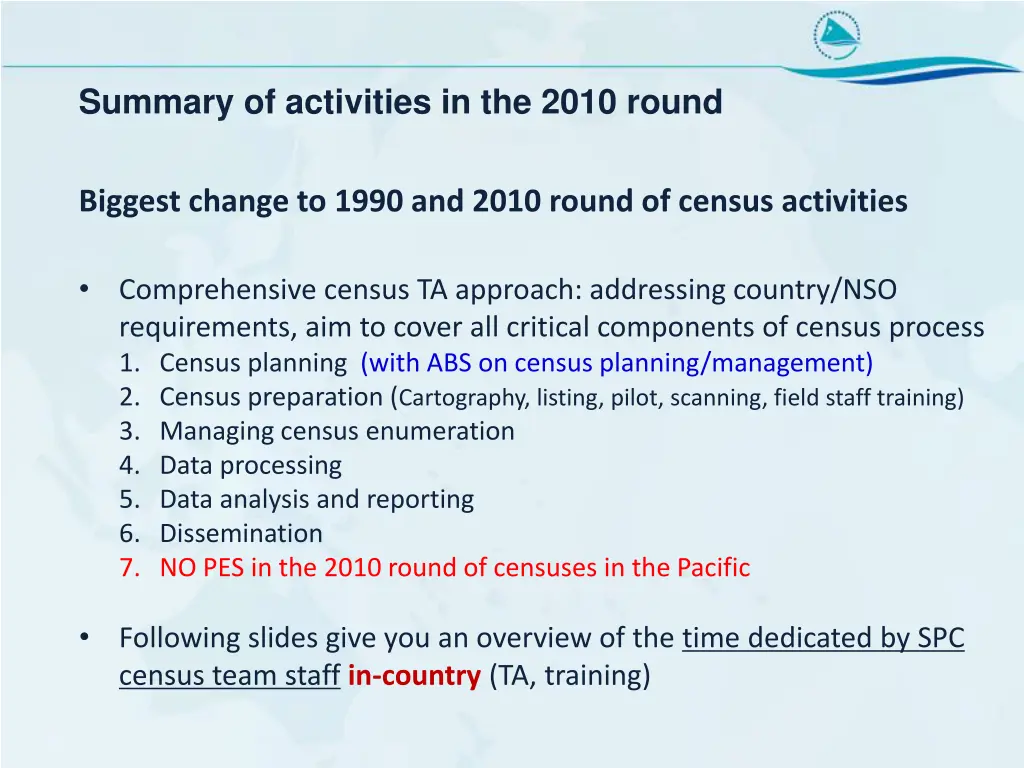 summary of activities in the 2010 round