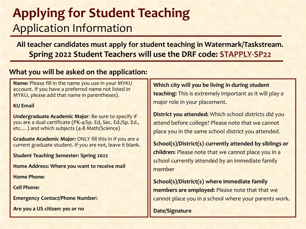 applying for student teaching application