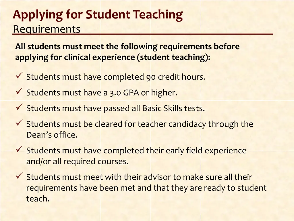 applying for student teaching requirements