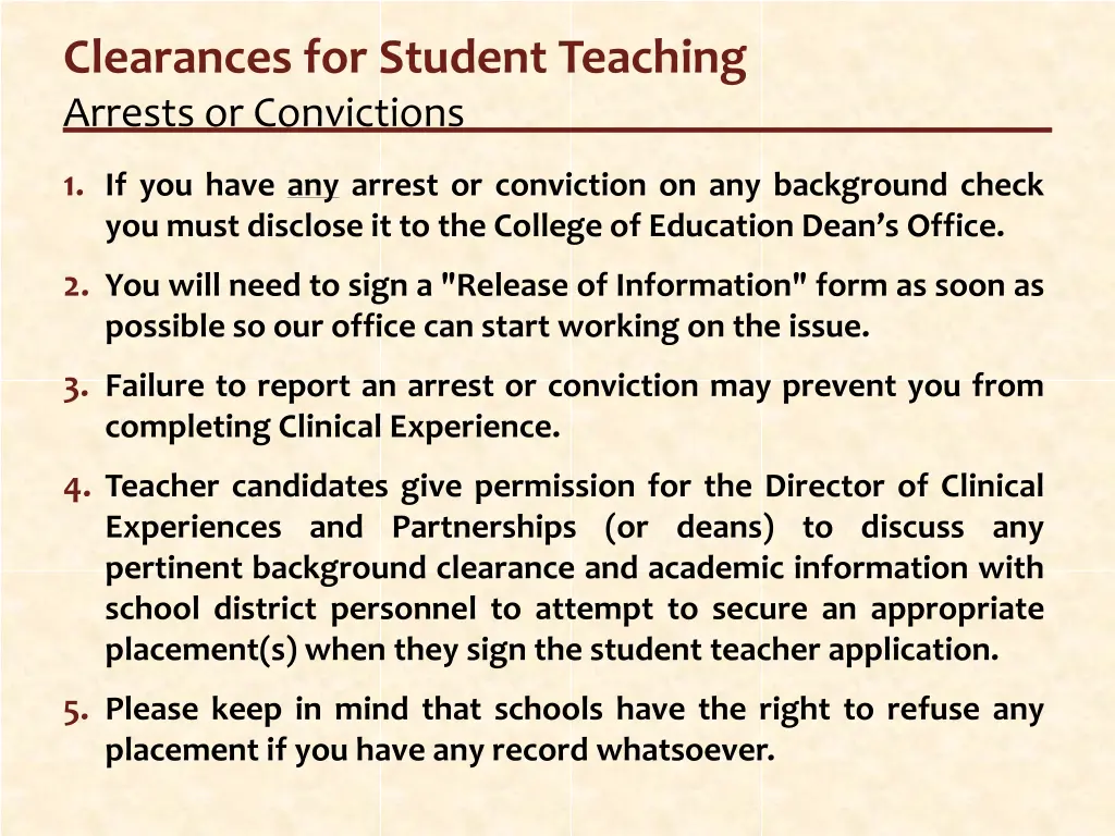 clearances for student teaching arrests