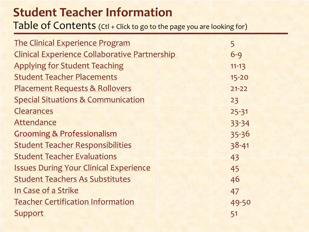 student teacher information table of contents