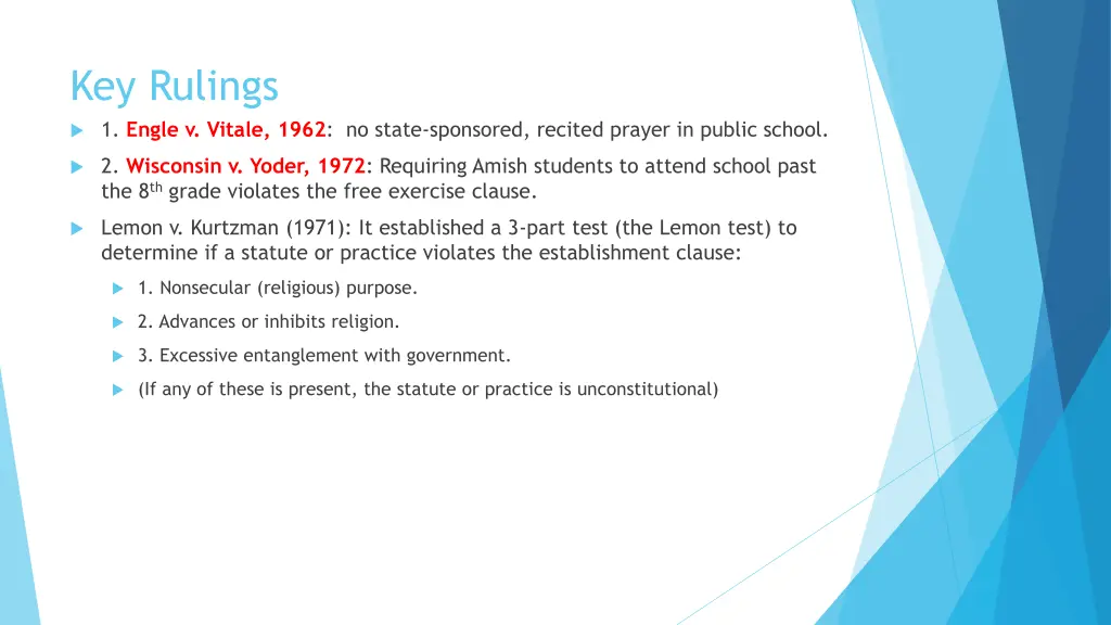 key rulings 1 engle v vitale 1962 no state