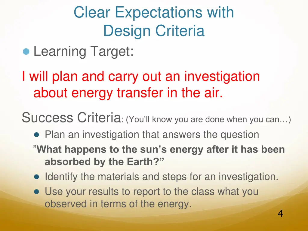 clear expectations with design criteria learning