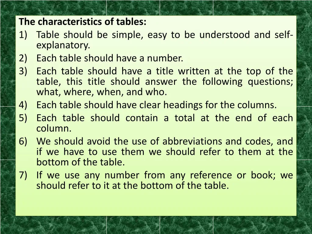 the characteristics of tables 1 table should