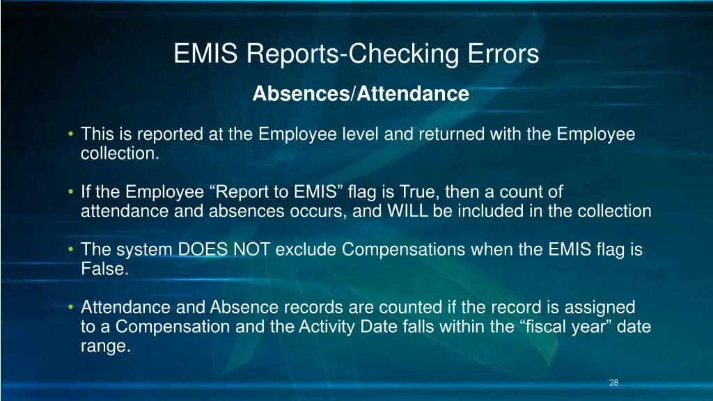 emis reports checking errors 22
