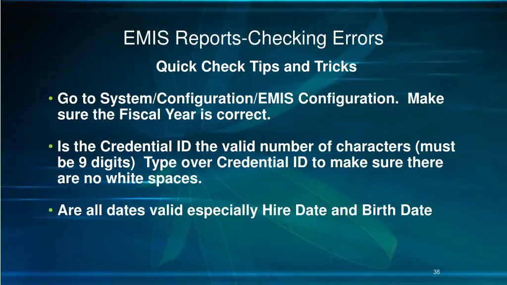 emis reports checking errors 30