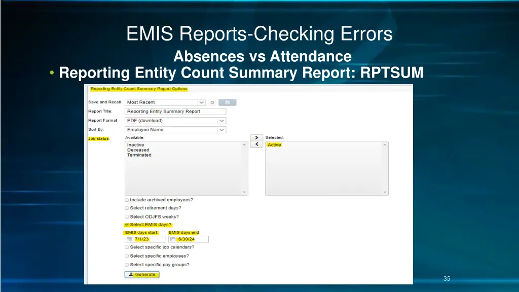 emis reports checking errors absences