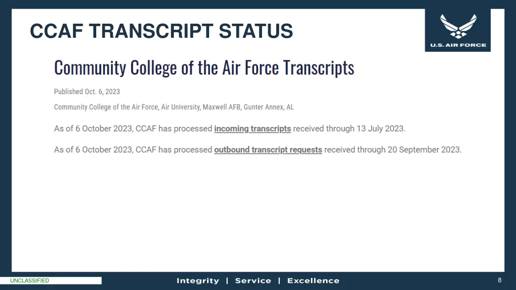 ccaf transcript status