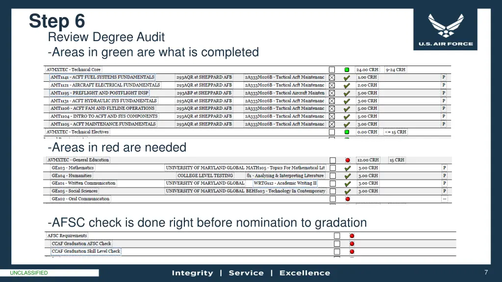 step 6 review degree audit areas in green