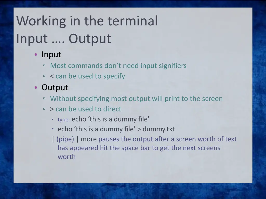 working in the terminal input output input most