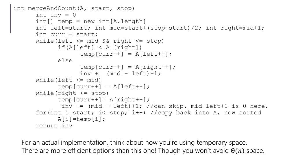 int mergeandcount a start stop int inv 0 int temp