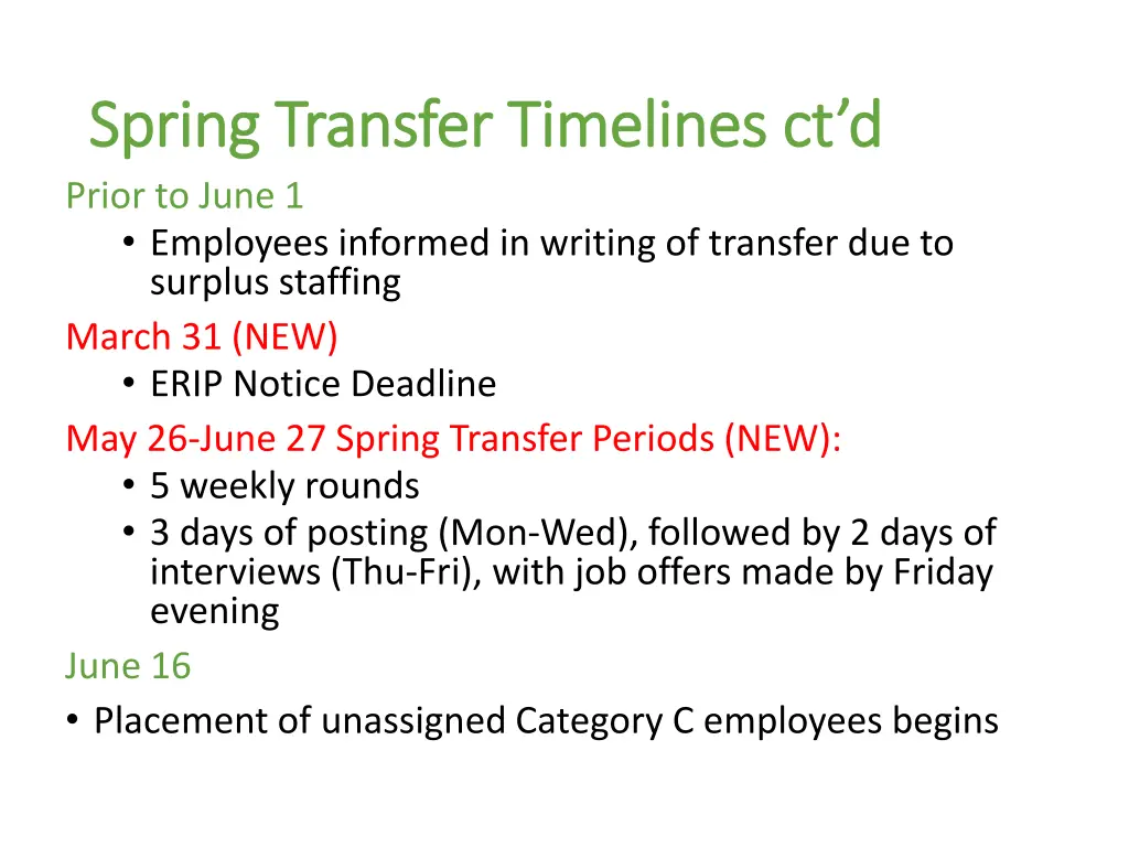 spring transfer timelines spring transfer