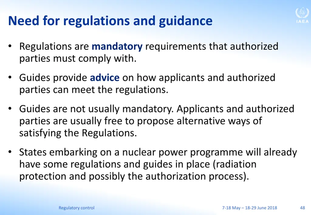 need for regulations and guidance