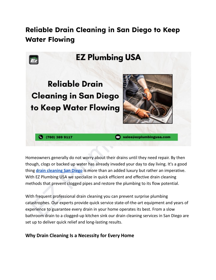 reliable drain cleaning in san diego to keep