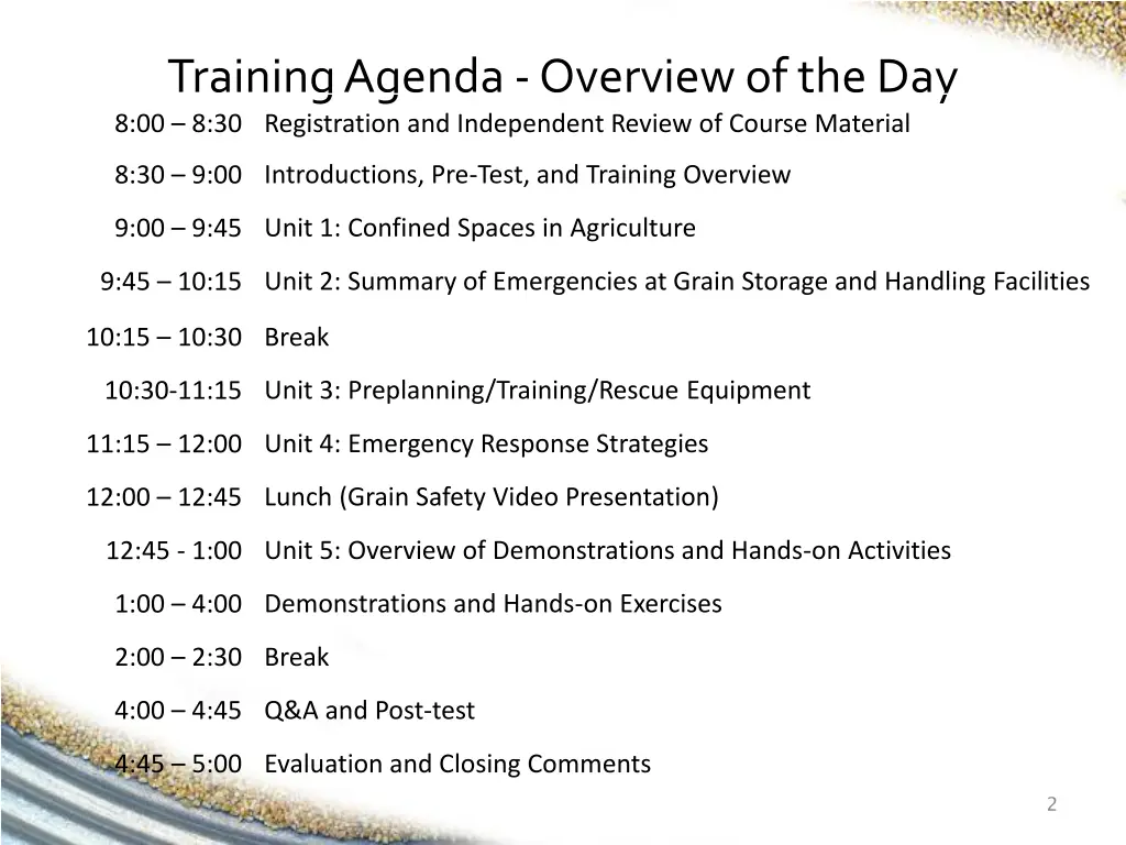 training agenda overview