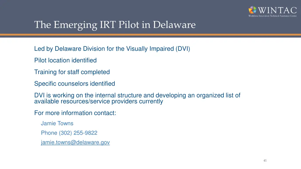 the emerging irt pilot in delaware