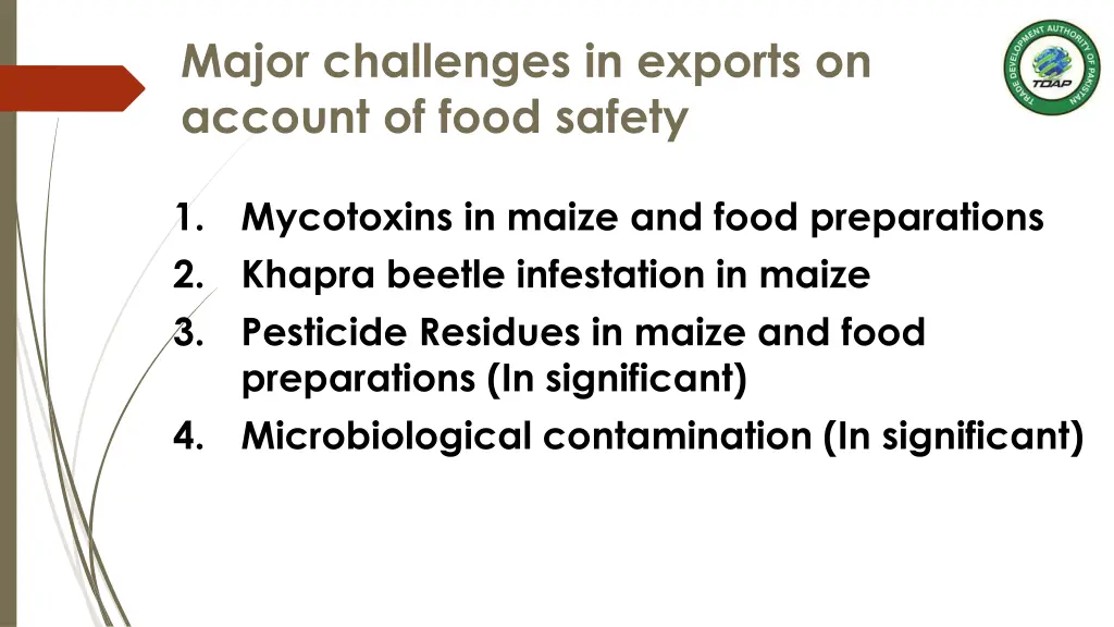 major challenges in exports on account of food