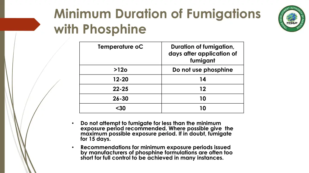 minimum duration of fumigations with phosphine