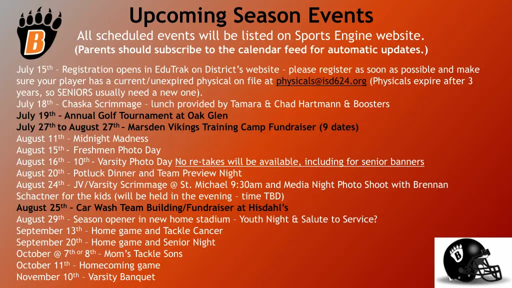 upcoming season events all scheduled events will