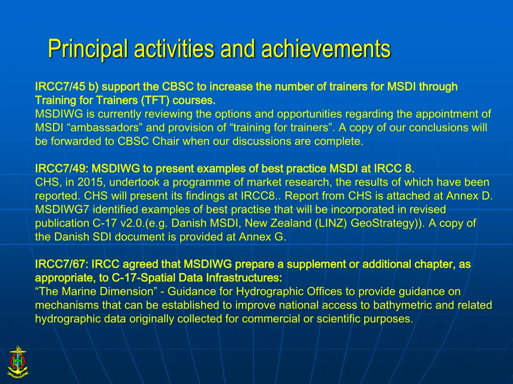 principal activities and achievements 1