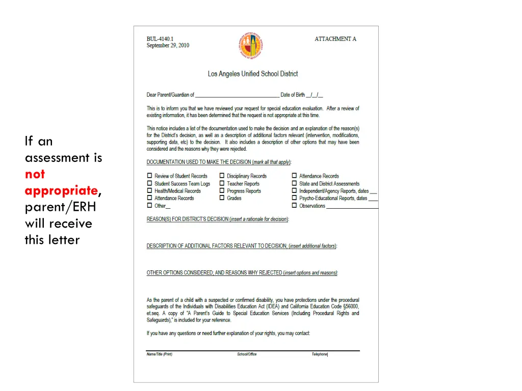 if an assessment is not appropriate parent