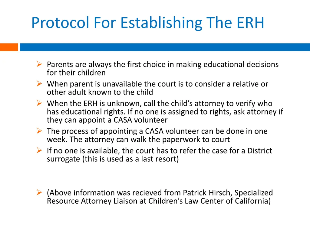 protocol for establishing the erh