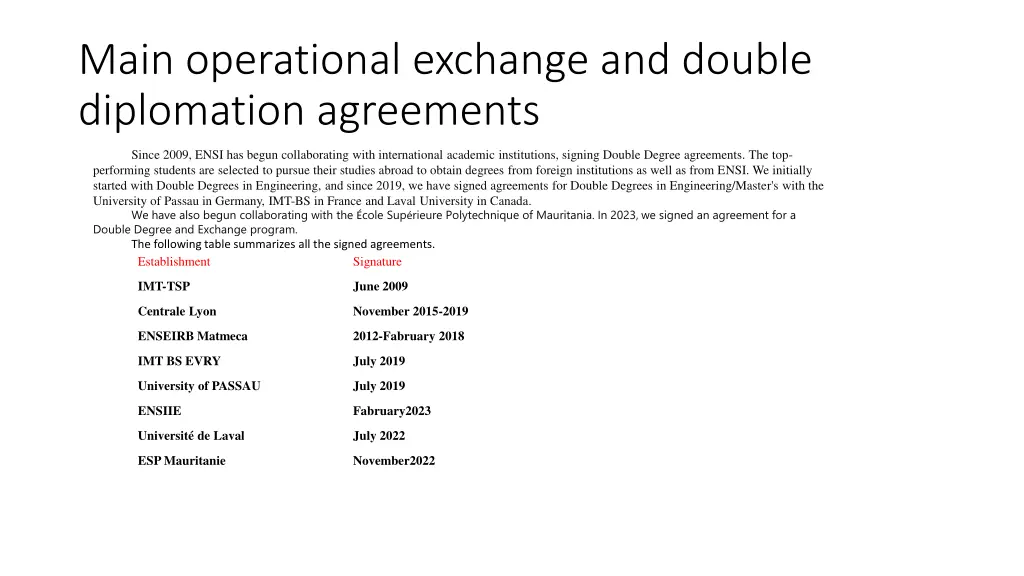 main operational exchange and double diplomation