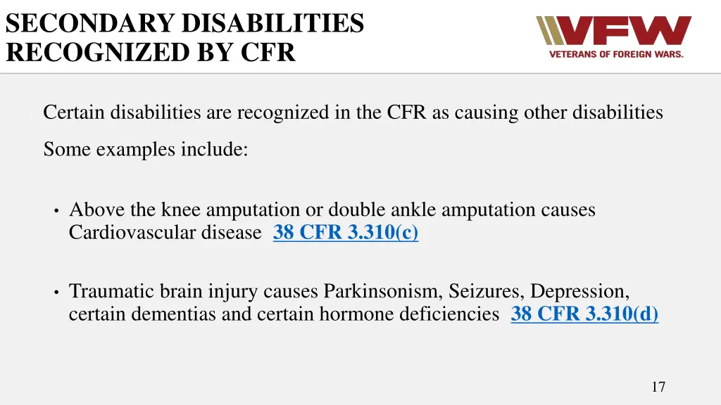 secondary disabilities recognized by cfr