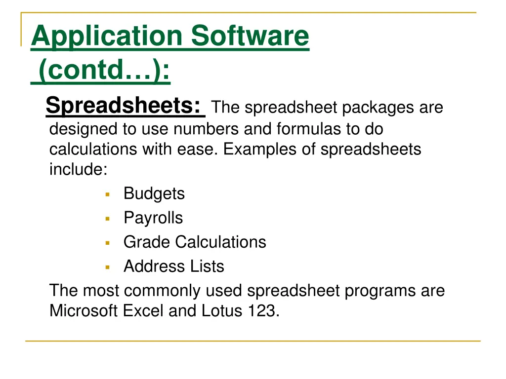 application software contd spreadsheets